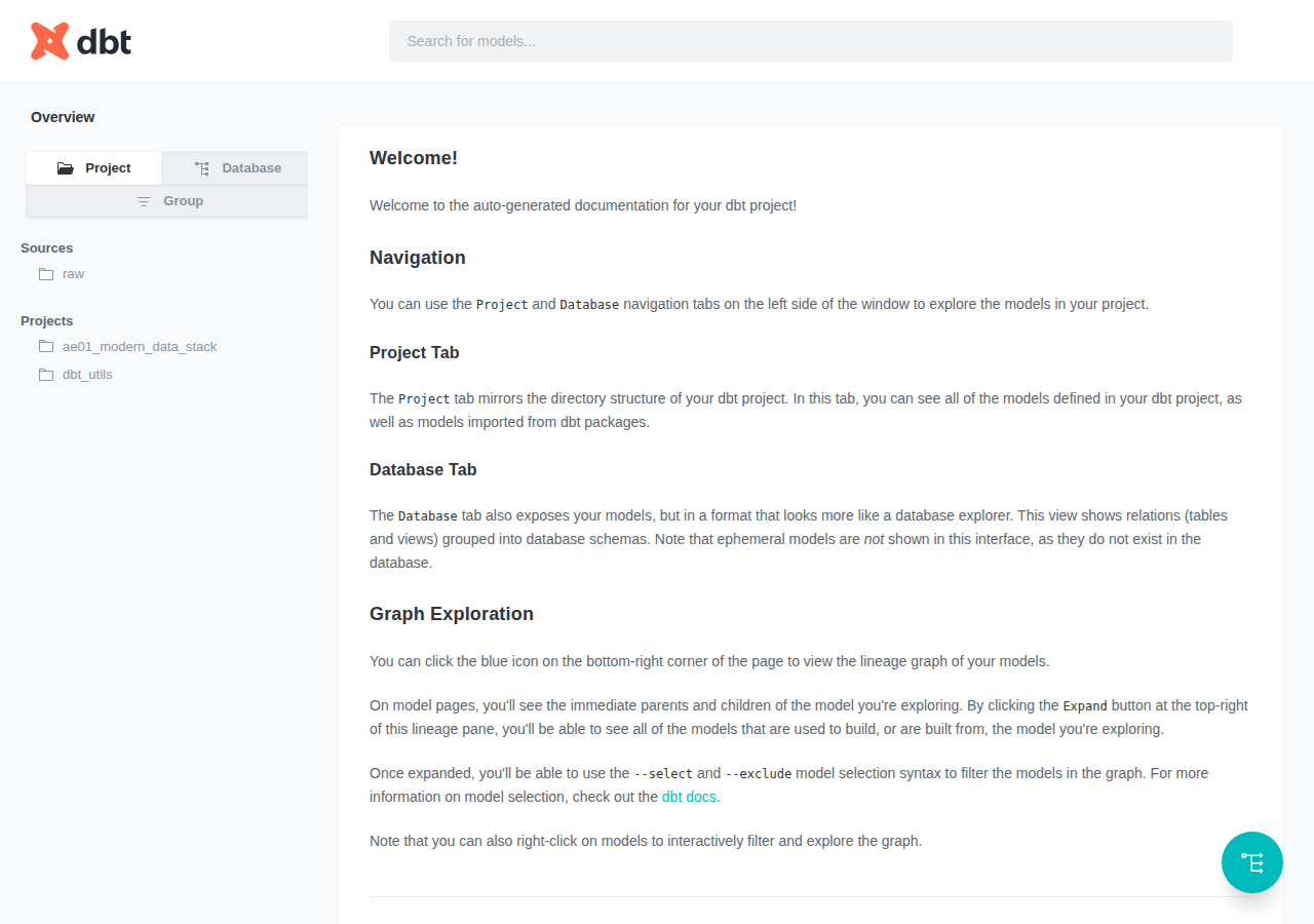 dbt docs static site, regenerated from AE-01 and served locally, showing the project overview page